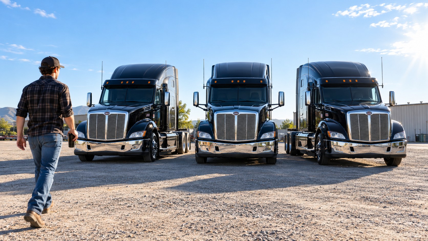 A new carrier's three black tractors lined up in a bright yard, the owner walking toward them with a coffee, morning sun