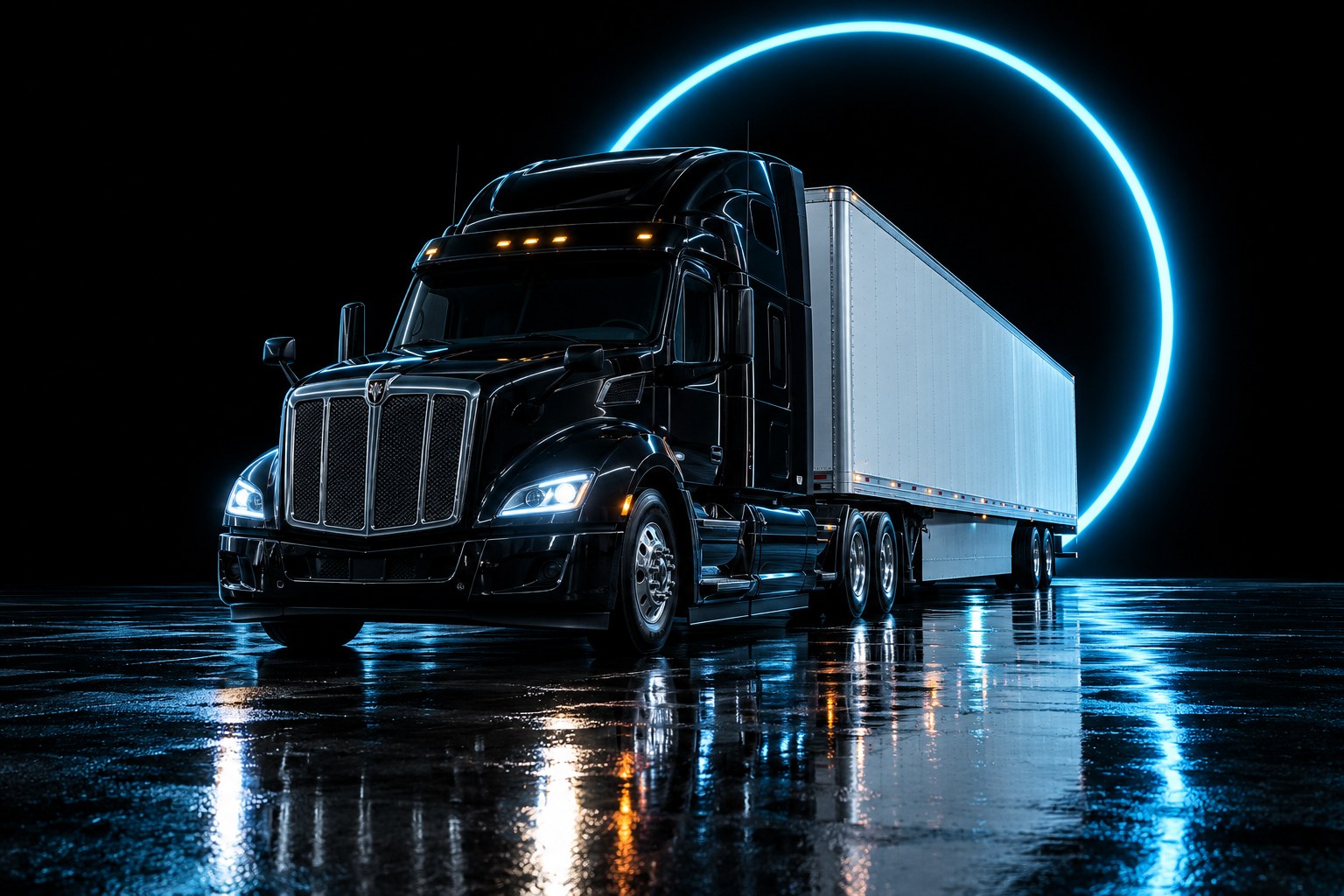 X3 New Entrant: a black tractor under a ring of cyan light on a wet black floor