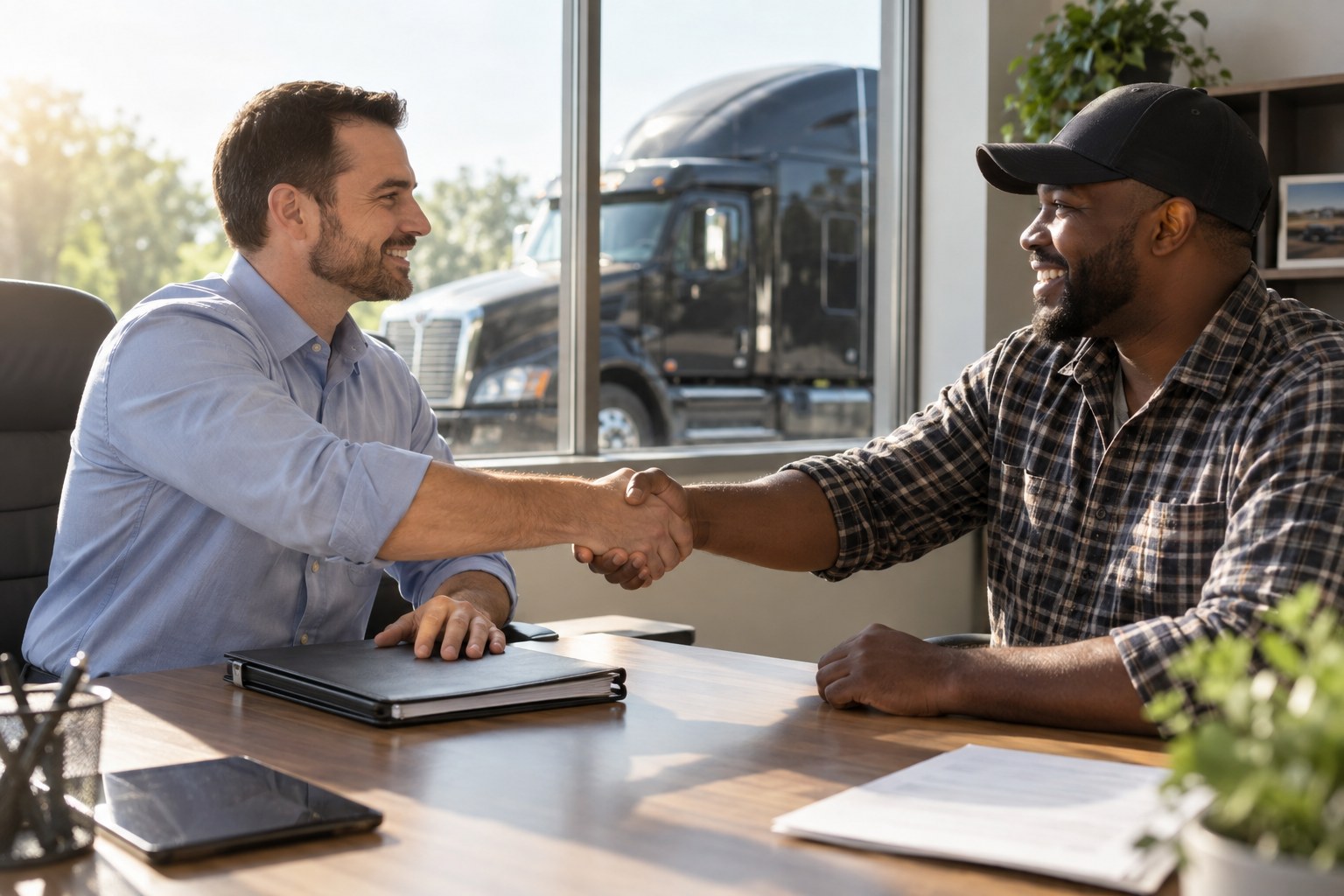 Investigator closing a binder and shaking hands with a relieved new carrier owner in a bright office, the owner's truck through the window
