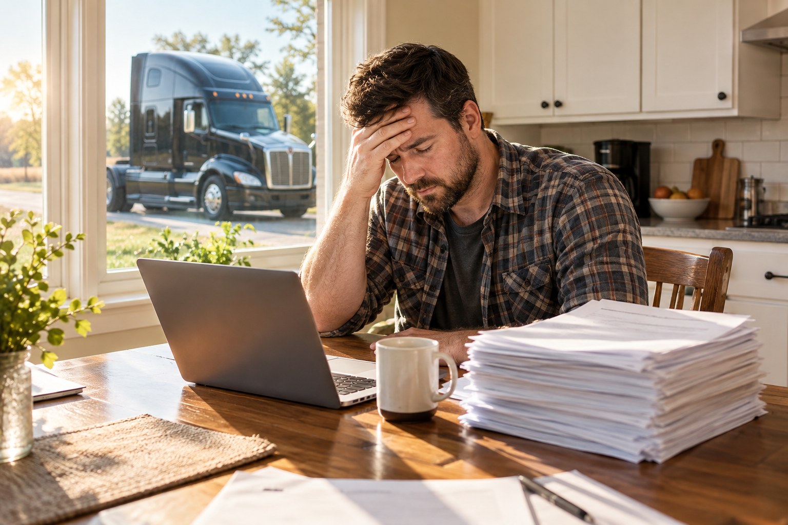 New carrier owner at a sunlit kitchen table with a laptop, a stack of forms and a coffee, his truck visible through the window