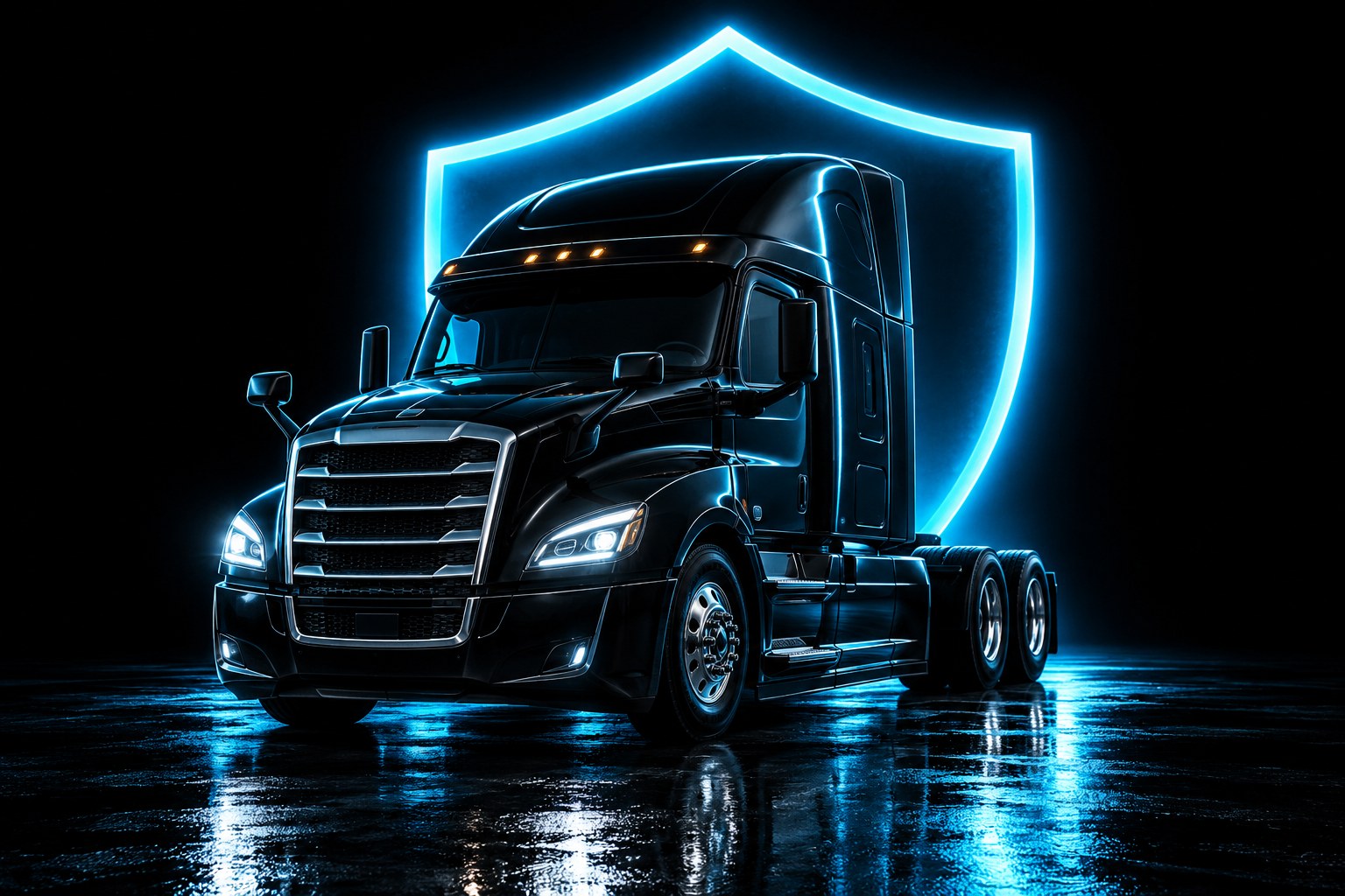 X3 Automatic-Failure Shield: a black tractor on a wet black floor beneath a giant glowing cyan shield outline standing edge-on behind it