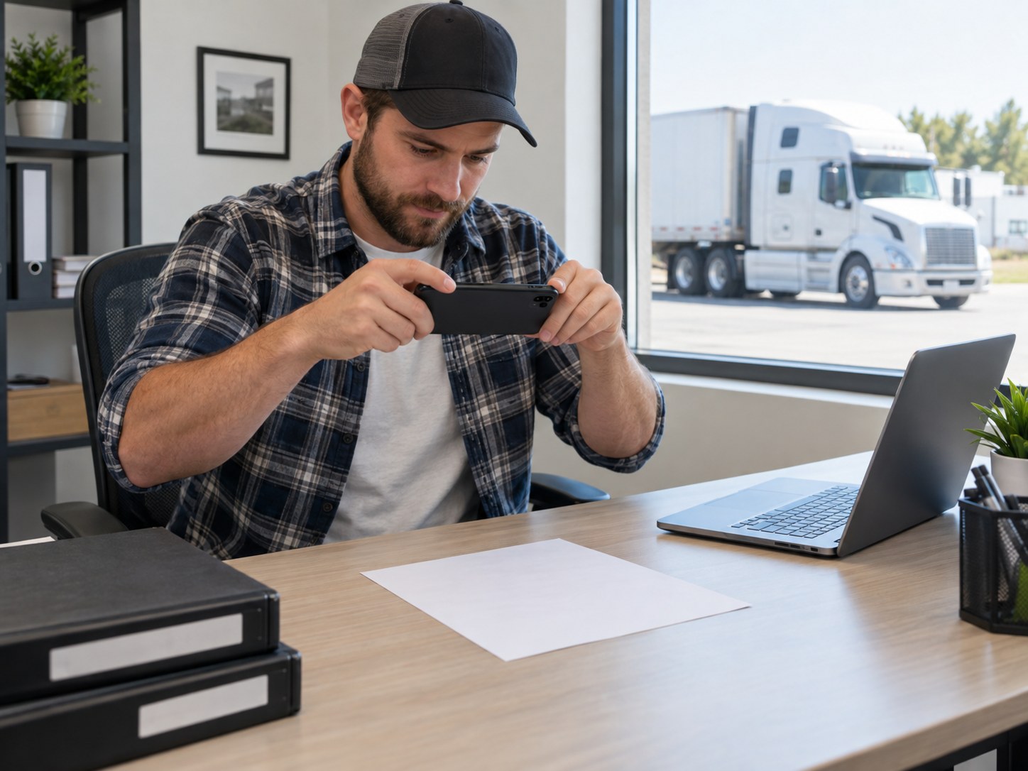 New carrier owner in a bright small office photographing a driver qualification document with his phone, binders and laptop on the desk